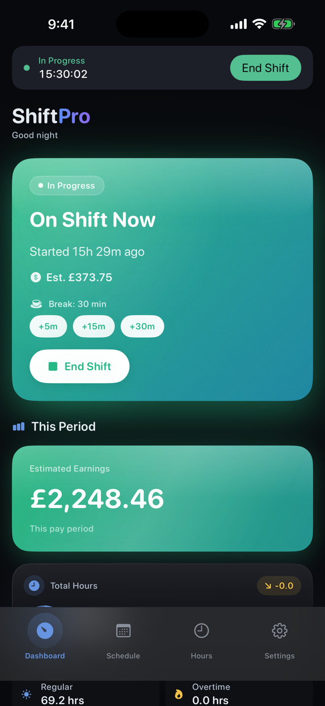ShiftPro dashboard showing an active shift and estimated pay period earnings