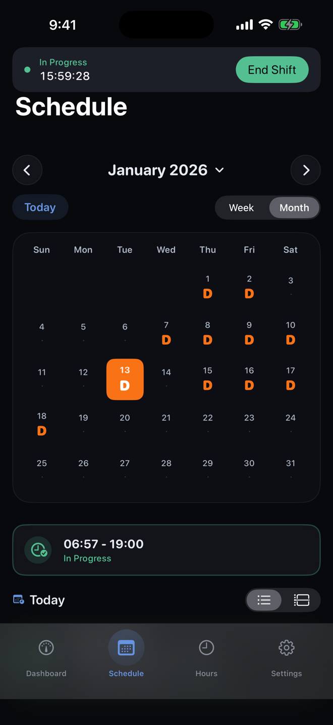 ShiftPro monthly schedule with day shifts and an active shift
